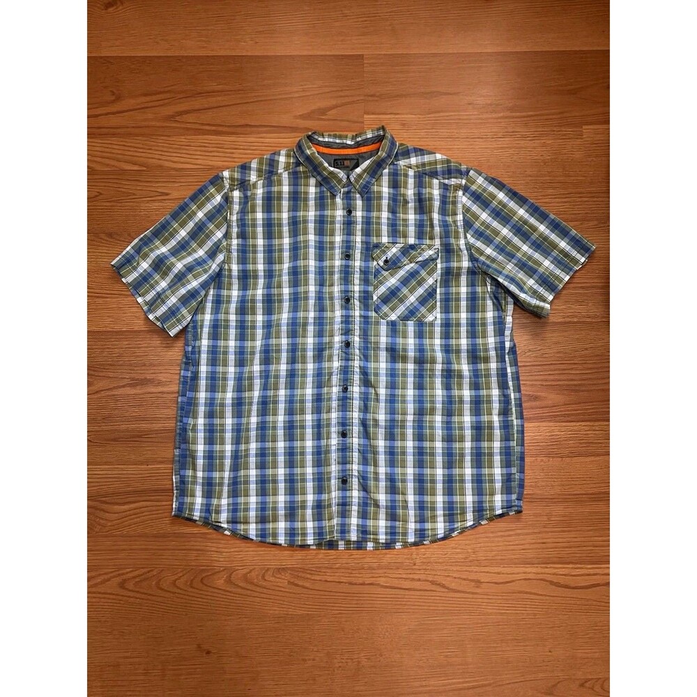 511 TACTICAL Blue/Green/White Plaid Single Flex Covert Snap Button Shirt Men's L